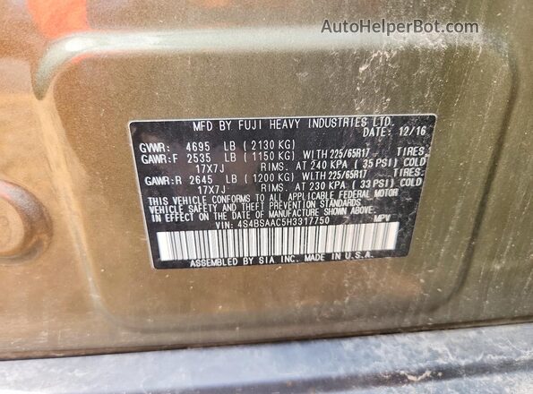 4S4BSAAC5H3317750 2017 SUBARU OUTBACK Green Widok naklejki z numerem VIN