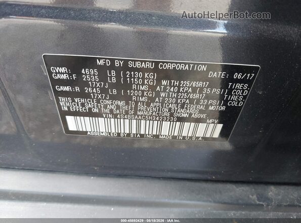 4S4BSAAC5H3423230 2017 SUBARU OUTBACK Gray Engine compartment view