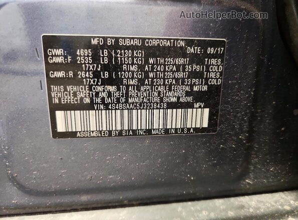 4S4BSAAC5J3238438 2018 SUBARU OUTBACK Blue Widok naklejki z numerem VIN