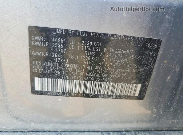4S4BSAAC6H3275069 2017 SUBARU OUTBACK Silver VIN კოდის სტიკერის ხედი