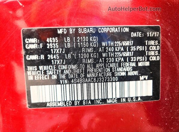 4S4BSAAC8J3273300 2018 SUBARU OUTBACK Burgundy VIN կոդի պիտակի տեսք