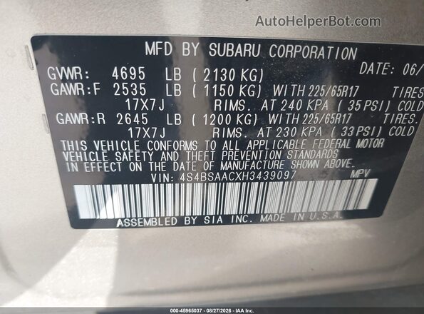 4S4BSAACXH3439097 2017 SUBARU OUTBACK Tan Widok komory silnika