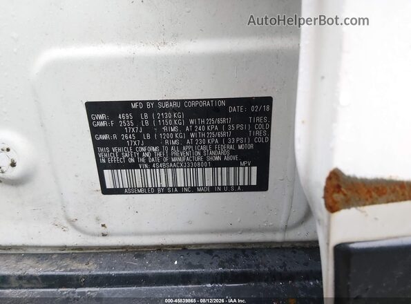 4S4BSAACXJ3308001 2018 SUBARU OUTBACK White Widok komory silnika