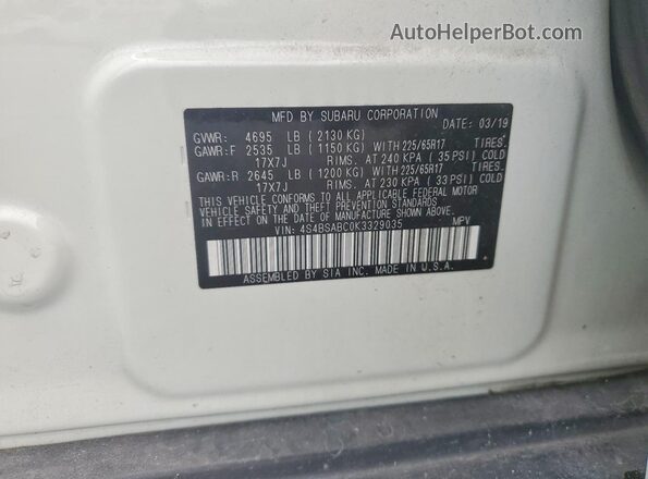 4S4BSABC0K3329035 2019 SUBARU OUTBACK White VIN sticker view