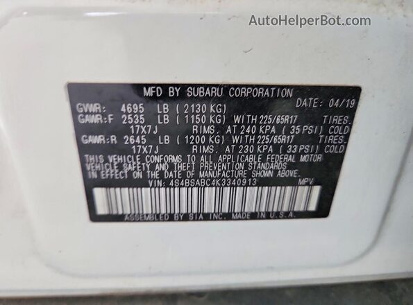 4S4BSABC4K3340913 2019 SUBARU OUTBACK White Widok naklejki z numerem VIN