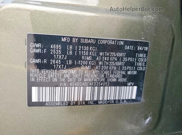 4S4BSABC4K3354052 2019 SUBARU OUTBACK Green VIN კოდის სტიკერის ხედი