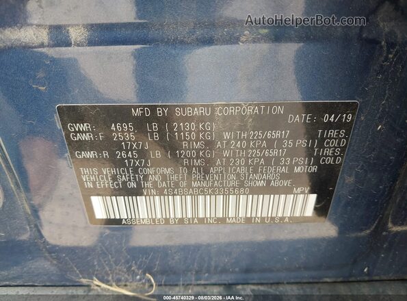 4S4BSABC5K3355680 2019 SUBARU OUTBACK Blue Engine compartment view