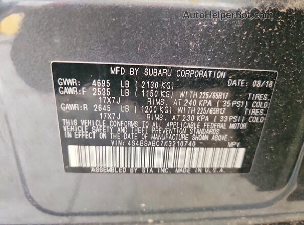 4S4BSABC7K3210740 2019 SUBARU OUTBACK Gray Widok naklejki z numerem VIN