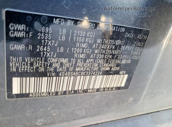 4S4BSABC8K3374224 2019 SUBARU OUTBACK Charcoal VIN კოდის სტიკერის ხედი