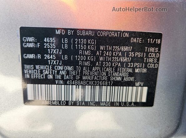 4S4BSABCXK3266817 2019 SUBARU OUTBACK Silver Vista interior de 360 grados