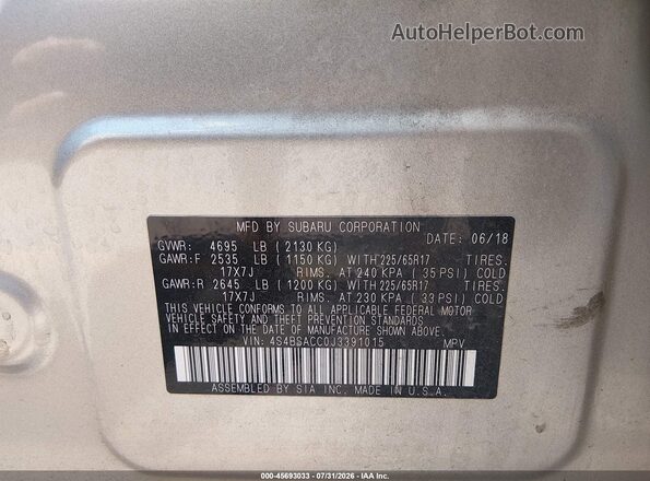 4S4BSACC0J3391015 2018 SUBARU OUTBACK Gold Widok komory silnika