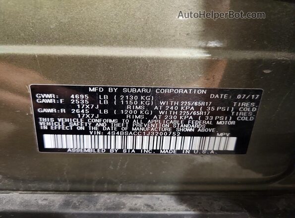 4S4BSACC1J3200752 2018 SUBARU OUTBACK Green VIN კოდის სტიკერის ხედი