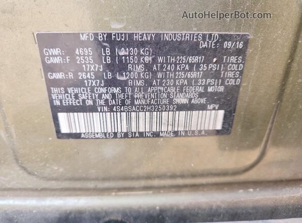 4S4BSACC2H3250392 2017 SUBARU OUTBACK Green VIN կոդի պիտակի տեսք