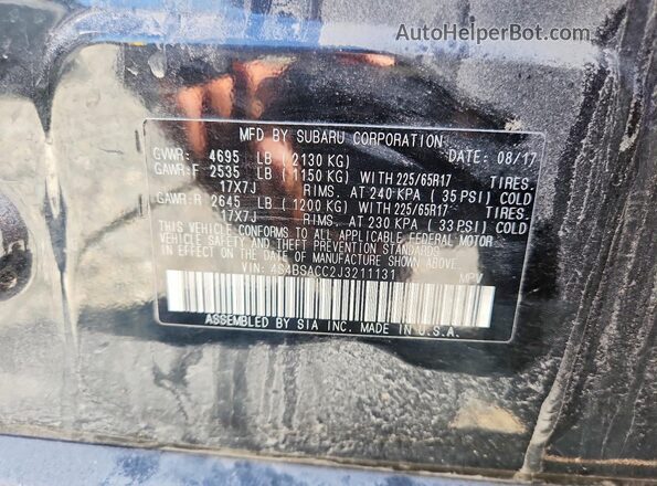 4S4BSACC2J3211131 2018 SUBARU OUTBACK Black Widok naklejki z numerem VIN