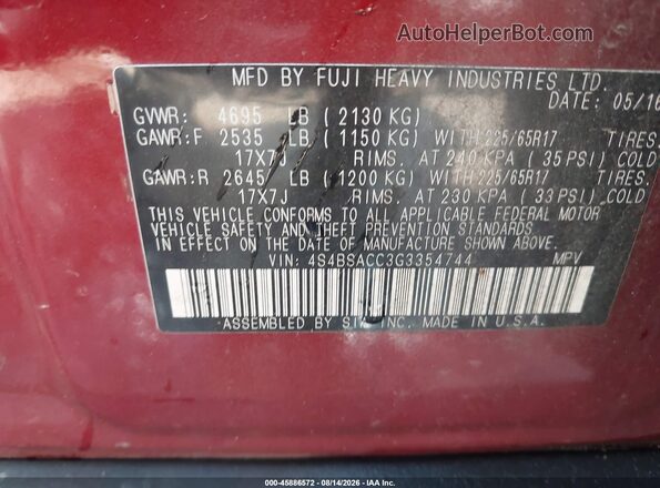 4S4BSACC3G3354744 2016 SUBARU OUTBACK Red ძრავის განყოფილების ხედი