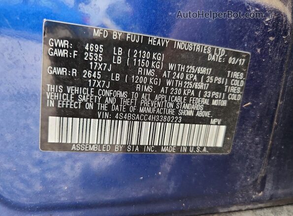 4S4BSACC4H3380223 2017 SUBARU OUTBACK Blue Widok wnętrza 360 stopni