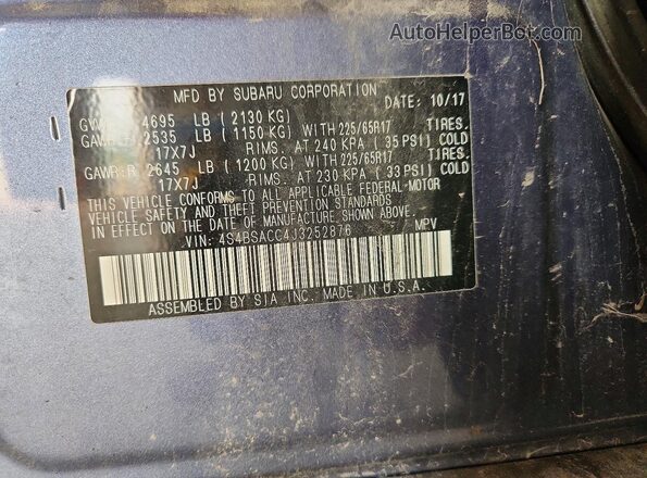 4S4BSACC4J3252876 2018 SUBARU OUTBACK Blue Вид наклейки з VIN-кодом