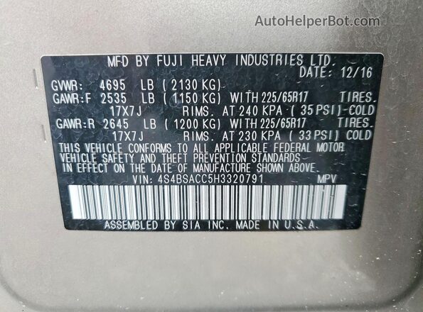 4S4BSACC5H3320791 2017 SUBARU OUTBACK Бежевый Вид наклейки с VIN-кодом