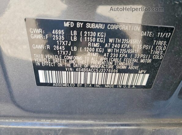 4S4BSACC5J3276006 2018 SUBARU OUTBACK Gray Вид наклейки з VIN-кодом