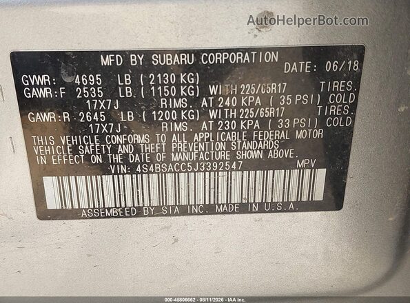 4S4BSACC5J3392547 2018 SUBARU OUTBACK Gray Widok komory silnika