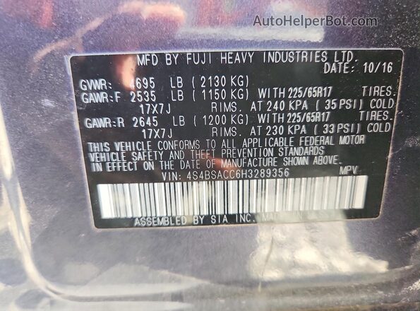 4S4BSACC6H3289356 2017 SUBARU OUTBACK Charcoal Widok naklejki z numerem VIN