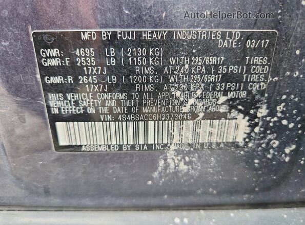 4S4BSACC6H3373046 2017 SUBARU OUTBACK Gray Вид наклейки з VIN-кодом