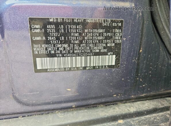 4S4BSACC7G3324467 2016 SUBARU OUTBACK Синий Вид наклейки с VIN-кодом