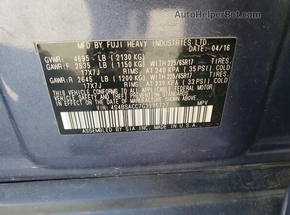 4S4BSACC7G3335727 2016 SUBARU OUTBACK Blue სალონის 360-გრადუსიანი ხედი