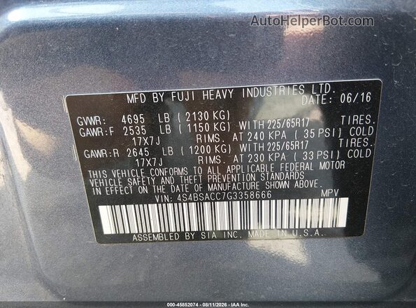4S4BSACC7G3358666 2016 SUBARU OUTBACK Blue Engine compartment view