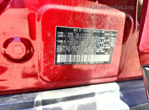 4S4BSACC7H3428152 2017 SUBARU OUTBACK Red VIN კოდის სტიკერის ხედი
