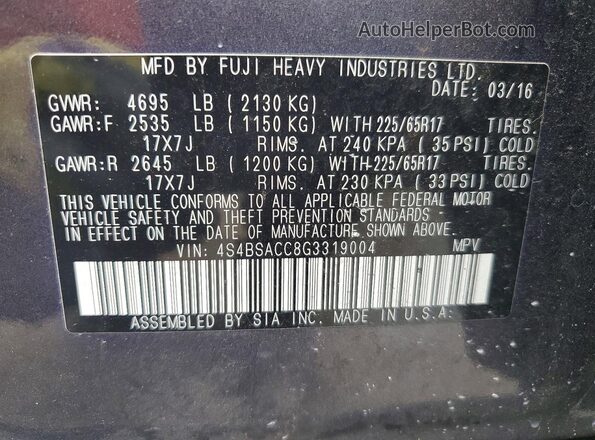 4S4BSACC8G3319004 2016 SUBARU OUTBACK Gray Widok wnętrza 360 stopni