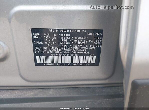4S4BSACC8H3396182 2017 SUBARU OUTBACK Серебряный Вид подкапотного пространства