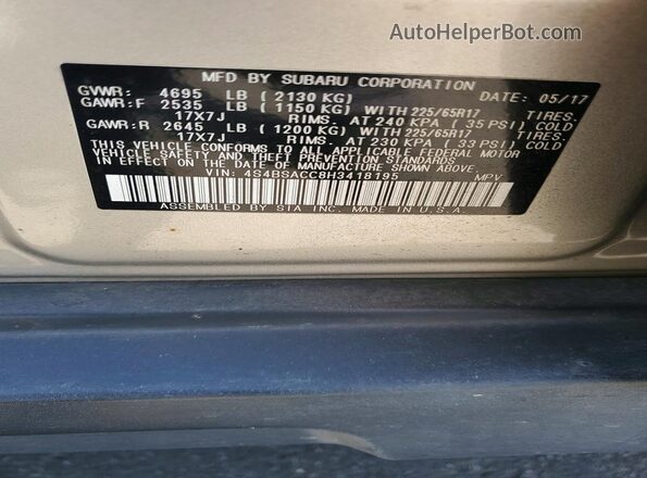 4S4BSACC8H3418195 2017 SUBARU OUTBACK Gray VIN sticker view