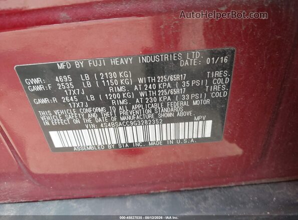 4S4BSACC9G3282352 2016 SUBARU OUTBACK Красный Передняя левая четверть