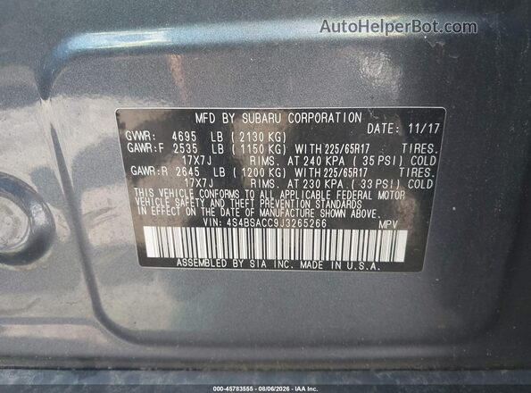 4S4BSACC9J3265266 2018 SUBARU OUTBACK Blue Vista del compartimento del motor