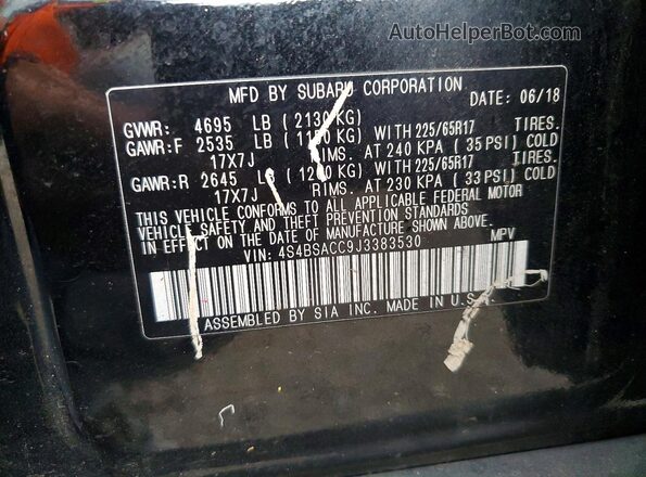 4S4BSACC9J3383530 2018 SUBARU OUTBACK Black Widok naklejki z numerem VIN