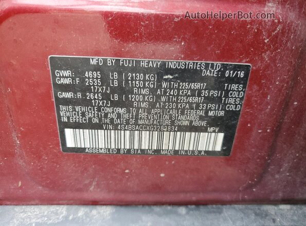 4S4BSACCXG3283834 2016 SUBARU OUTBACK Бордовый Вид наклейки с VIN-кодом