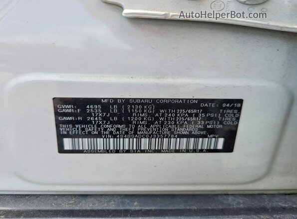 4S4BSADC0J3357784 2018 SUBARU OUTBACK White Widok komory silnika