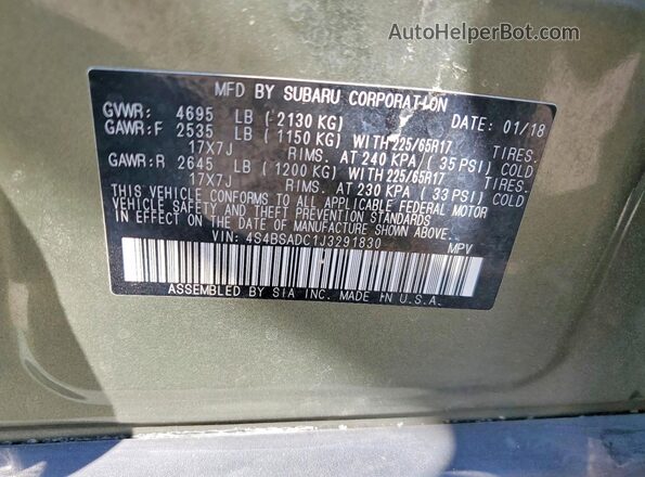 4S4BSADC1J3291830 2018 SUBARU OUTBACK Green Вид наклейки з VIN-кодом