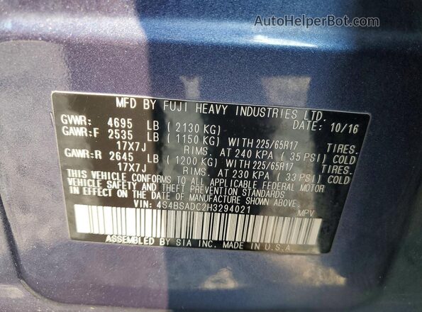 4S4BSADC2H3294021 2017 SUBARU OUTBACK Blue VIN կոդի պիտակի տեսք