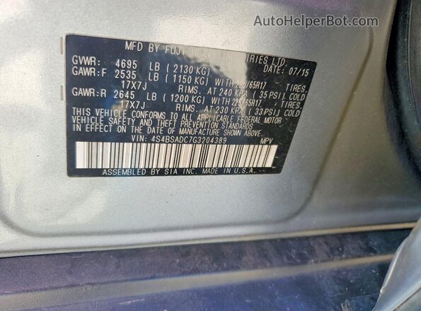 4S4BSADC7G3204389 2016 SUBARU OUTBACK Silver VIN կոդի պիտակի տեսք