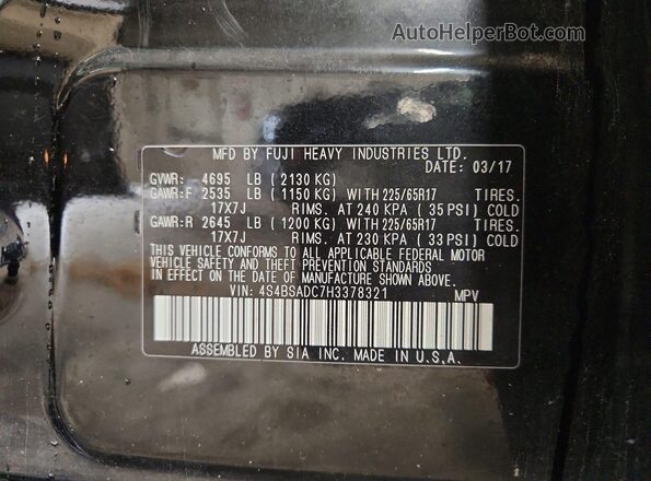 4S4BSADC7H3378321 2017 SUBARU OUTBACK Black Вид наклейки з VIN-кодом