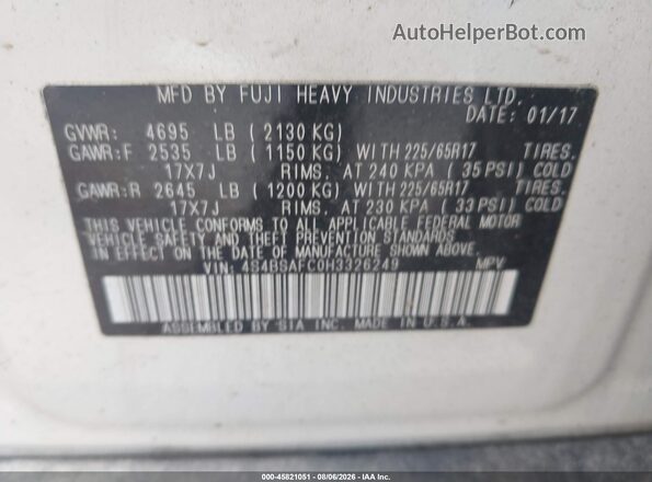 4S4BSAFC0H3326249 2017 SUBARU OUTBACK White Engine compartment view