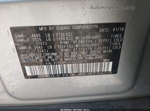 4S4BSAFC0J3292478 2018 SUBARU OUTBACK Silver Vista del compartimento del motor