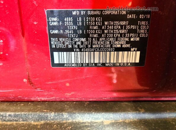 4S4BSAFC0J3323602 2018 SUBARU OUTBACK Burgundy Vista de la etiqueta del VIN