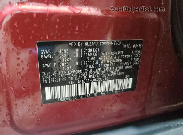 4S4BSAFC0K3337405 2019 SUBARU OUTBACK Maroon Вид підкапотного простору