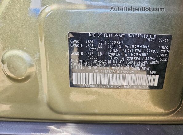 4S4BSAFC1G3205549 2016 SUBARU OUTBACK Green 