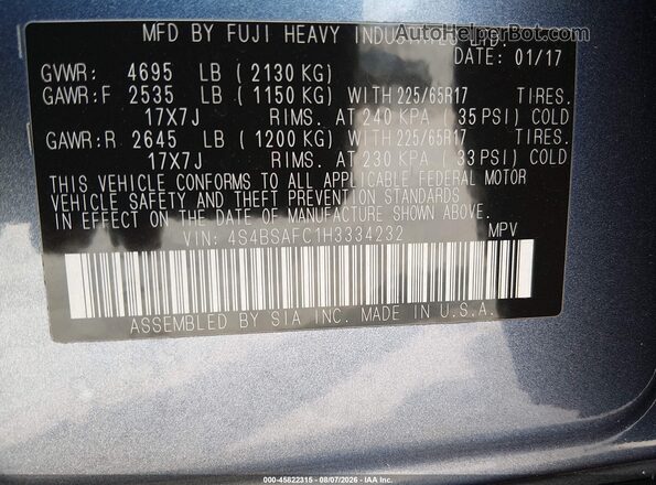 4S4BSAFC1H3334232 2017 SUBARU OUTBACK Light Blue Widok komory silnika