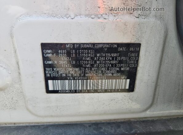 4S4BSAFC1J3389155 2018 SUBARU OUTBACK White Սալոնի 360 աստիճան տեսք