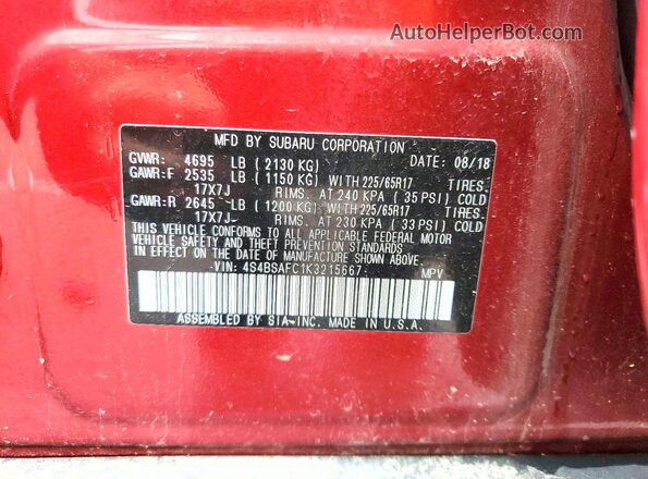 4S4BSAFC1K3215667 2019 SUBARU OUTBACK Maroon Widok naklejki z numerem VIN